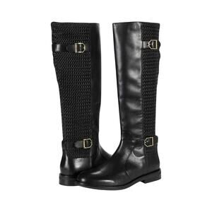 Cole Haan Clover Woven Stretch Tall Black Buckle Leather Riding Boots Size 6.5